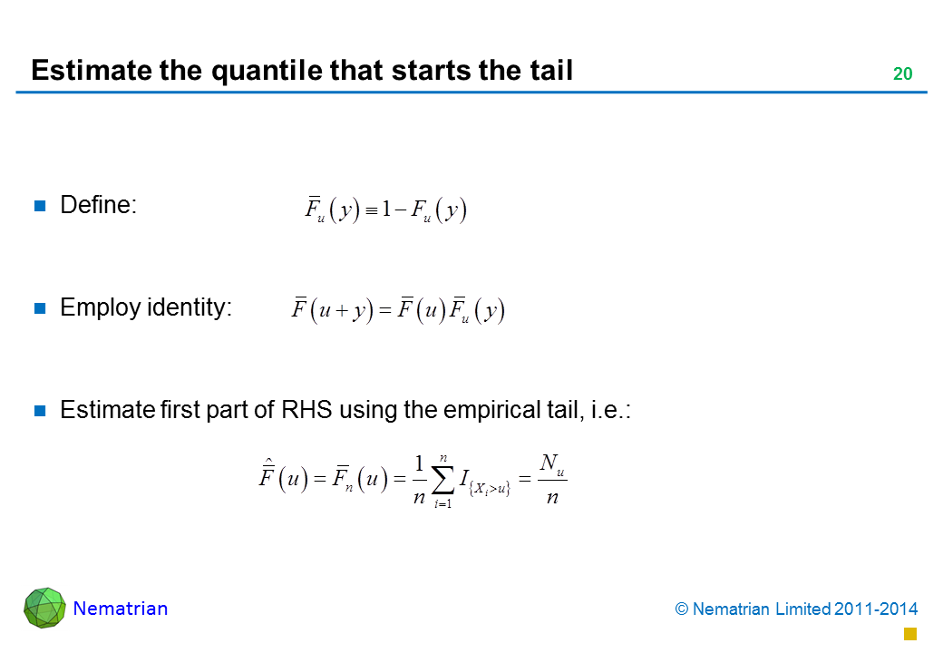 Bullet points include: Define: Employ identity: Estimate first part of RHS using the empirical tail, i.e.: