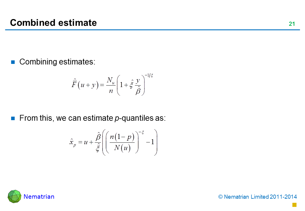 Bullet points include: Combining estimates: From this, we can estimate p-quantiles as: