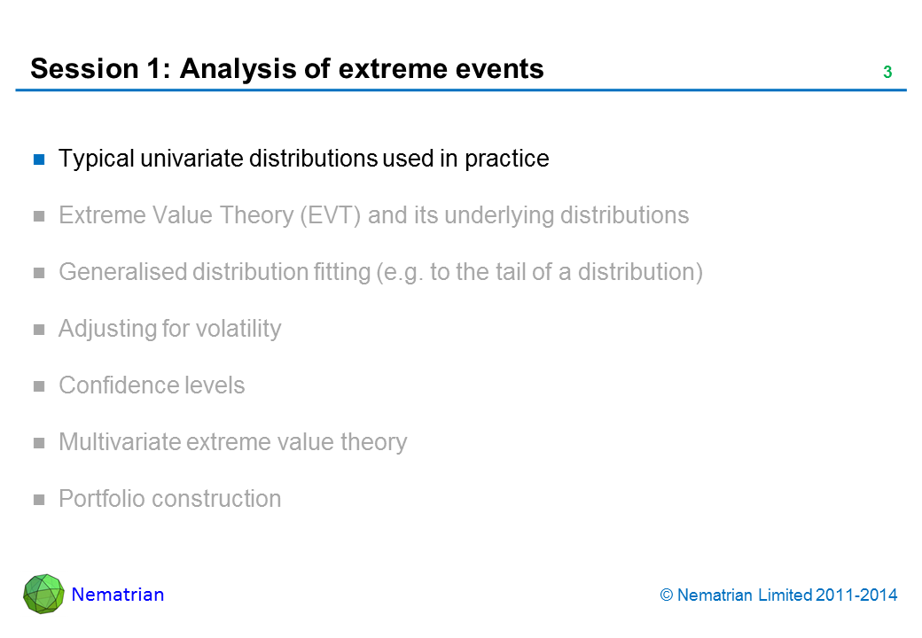 Bullet points include: Typical univariate distributions used in practice