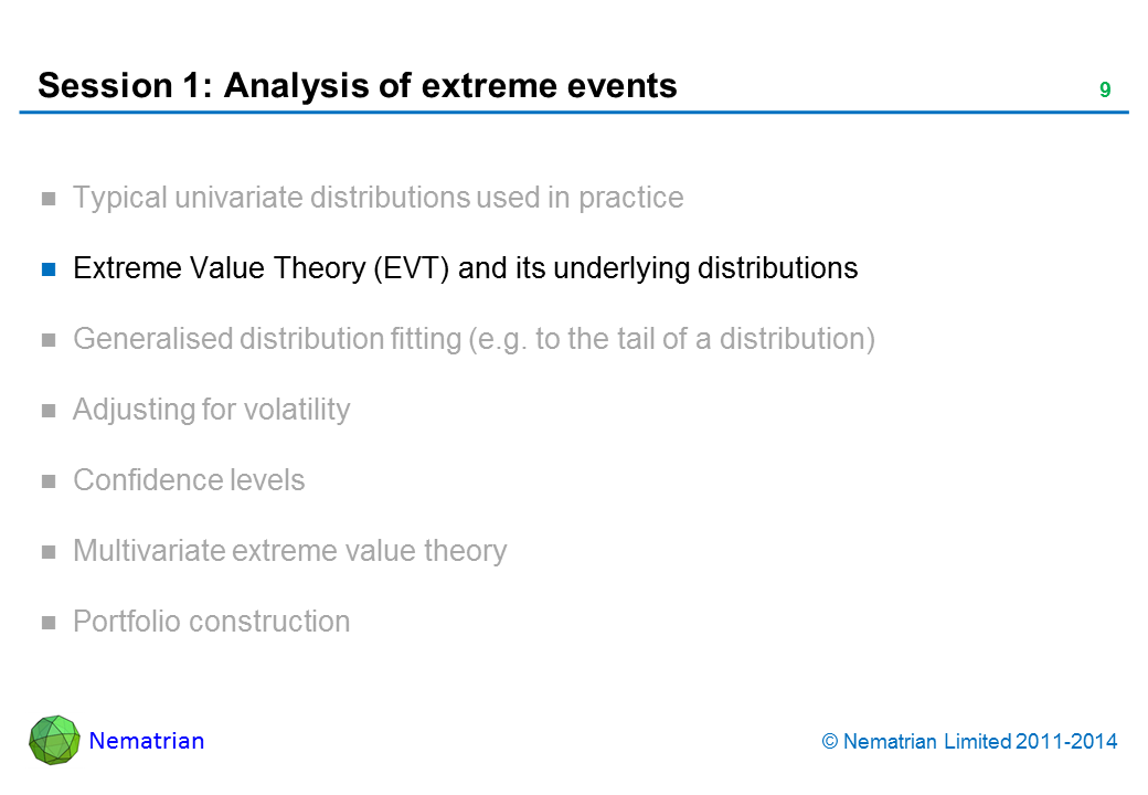 Bullet points include: Extreme Value Theory (EVT) and its underlying distributions