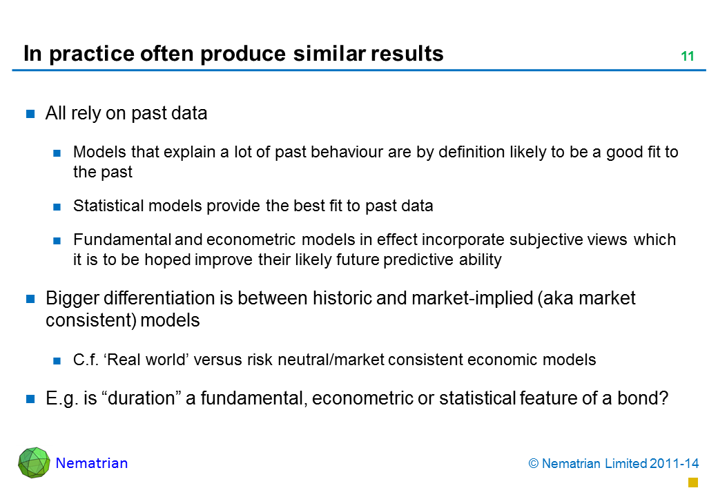 Bullet points include: All rely on past data Models that explain a lot of past behaviour are by definition likely to be a good fit to the past Statistical models provide the best fit to past data Fundamental and econometric models in effect incorporate subjective views which it is to be hoped improve their likely future predictive ability Bigger differentiation is between historic and market-implied (aka market consistent) models C.f. ‘Real world’ versus risk neutral/market consistent economic models E.g. is “duration” a fundamental, econometric or statistical feature of a bond?