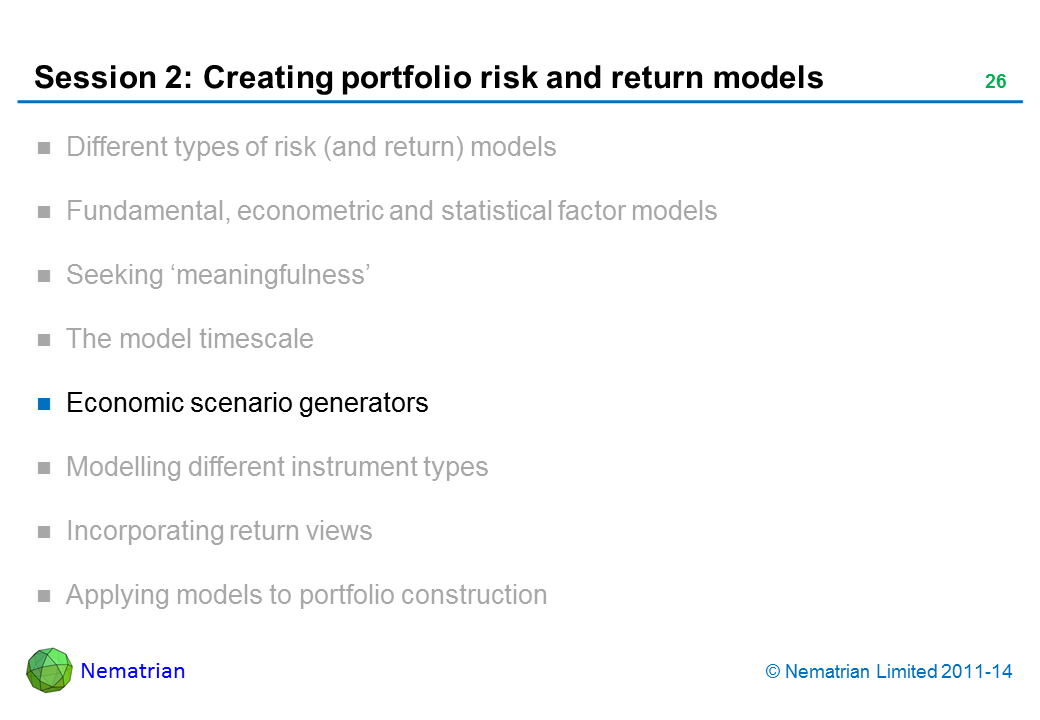 Bullet points include: Economic scenario generators