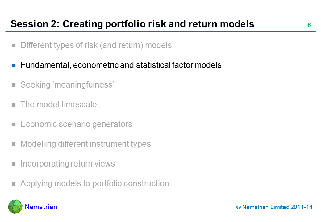 Bullet points include: Fundamental, econometric and statistical factor models