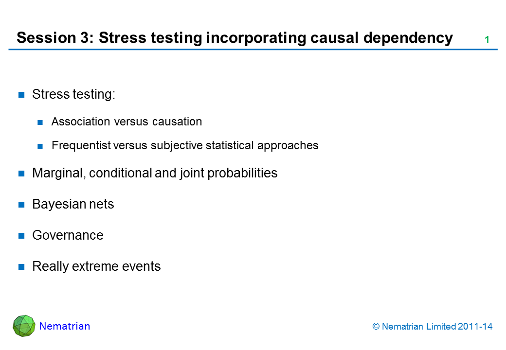 Bullet points include: Stress testing: Association versus causation Frequentist versus subjective statistical approaches Marginal, conditional and joint probabilities Bayesian nets Governance Really extreme events