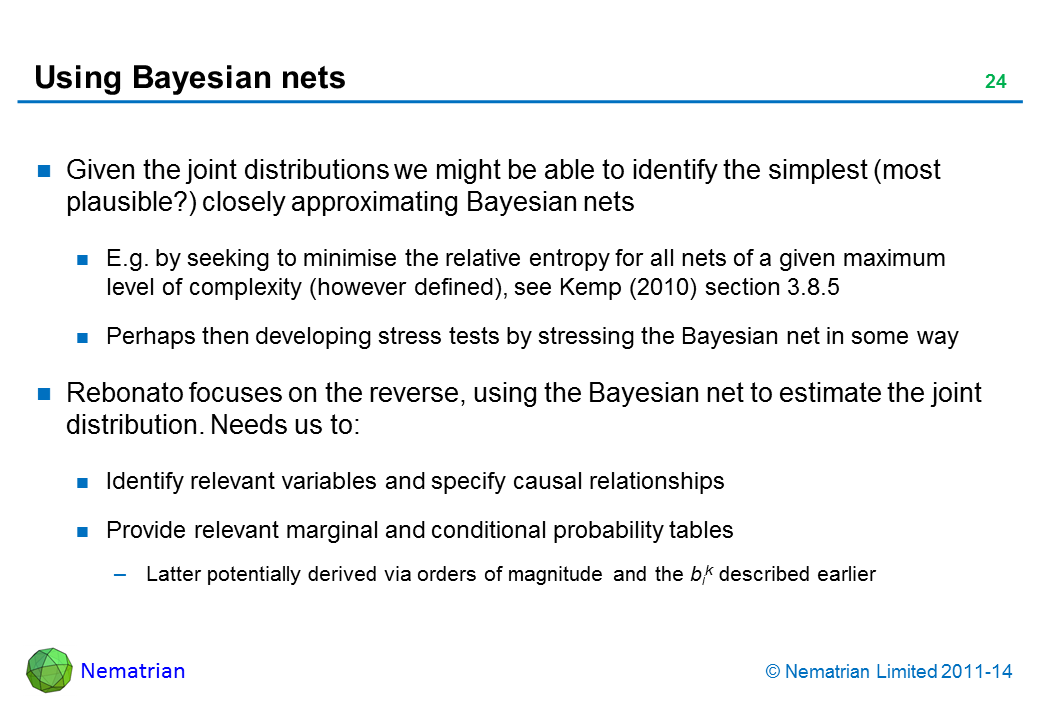 Bullet points include: Given the joint distributions we might be able to identify the simplest (most plausible?) closely approximating Bayesian nets E.g. by seeking to minimise the relative entropy for all nets of a given maximum level of complexity (however defined), see Kemp (2010) section 3.8.5 Perhaps then developing stress tests by stressing the Bayesian net in some way Rebonato focuses on the reverse, using the Bayesian net to estimate the joint distribution. Needs us to: Identify relevant variables and specify causal relationships Provide relevant marginal and conditional probability tables Latter potentially derived via orders of magnitude and the bik described earlier