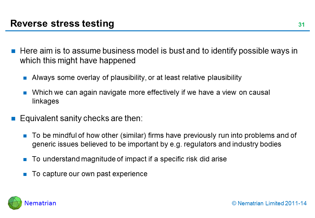 Bullet points include: Here aim is to assume business model is bust and to identify possible ways in which this might have happened Always some overlay of plausibility, or at least relative plausibility Which we can again navigate more effectively if we have a view on causal linkages Equivalent sanity checks are then: To be mindful of how other (similar) firms have previously run into problems and of generic issues believed to be important by e.g. regulators and industry bodies To understand magnitude of impact if a specific risk did arise To capture our own past experience