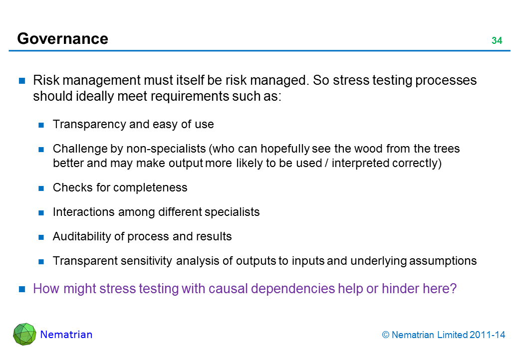Bullet points include: Risk management must itself be risk managed. So stress testing processes should ideally meet requirements such as: Transparency and easy of use Challenge by non-specialists (who can hopefully see the wood from the trees better and may make output more likely to be used / interpreted correctly) Checks for completeness Interactions among different specialists Auditability of process and results Transparent sensitivity analysis of outputs to inputs and underlying assumptions How might stress testing with causal dependencies help or hinder here?