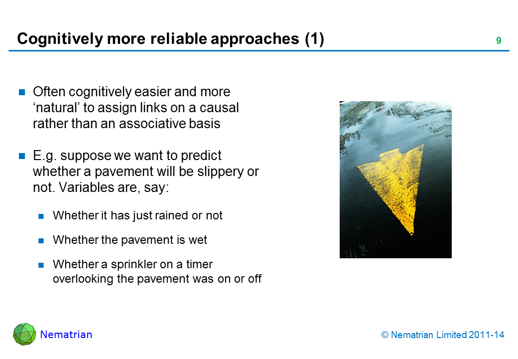 Bullet points include: Often cognitively easier and more ‘natural’ to assign links on a causal rather than an associative basis E.g. suppose we want to predict whether a pavement will be slippery or not. Variables are, say: Whether it has just rained or not Whether the pavement is wet Whether a sprinkler on a timer overlooking the pavement was on or off