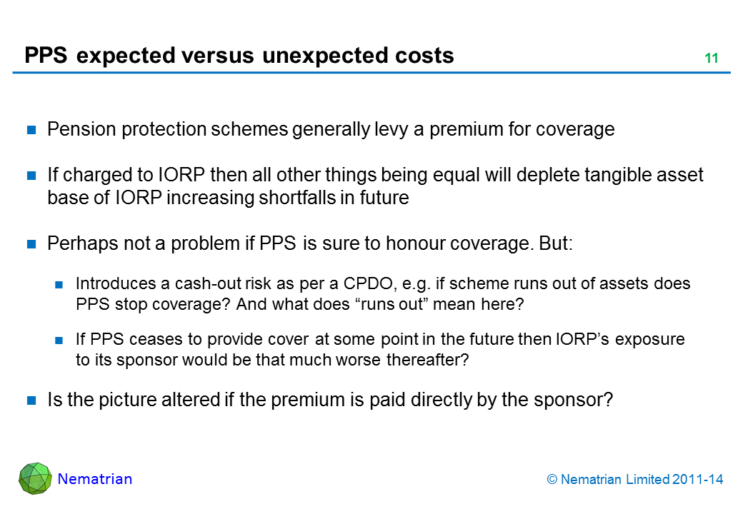 Bullet points include: Pension protection schemes generally levy a premium for coverage If charged to IORP then all other things being equal will deplete tangible asset base of IORP increasing shortfalls in future Perhaps not a problem if PPS is sure to honour coverage. But: Introduces a cash-out risk as per a CPDO, e.g. if scheme runs out of assets does PPS stop coverage? And what does “runs out” mean here? If PPS ceases to provide cover at some point in the future then IORP’s exposure to its sponsor would be that much worse thereafter? Is the picture altered if the premium is paid directly by the sponsor?