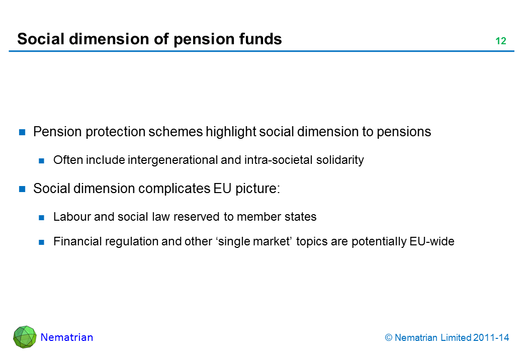 Bullet points include: Pension protection schemes highlight social dimension to pensions Often include intergenerational and intra-societal solidarity Social dimension complicates EU picture: Labour and social law reserved to member states Financial regulation and other ‘single market’ topics are potentially EU-wide