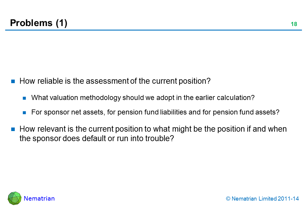 Bullet points include: How reliable is the assessment of the current position? What valuation methodology should we adopt in the earlier calculation? For sponsor net assets, for pension fund liabilities and for pension fund assets? How relevant is the current position to what might be the position if and when the sponsor does default or run into trouble?