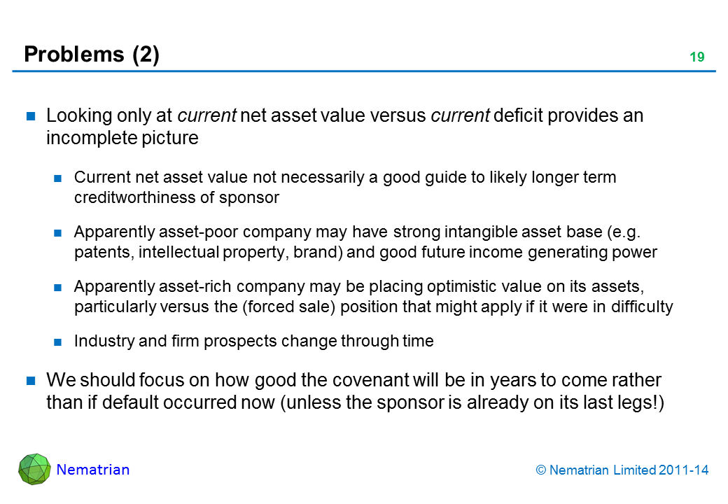 Bullet points include: Looking only at current net asset value versus current deficit provides an incomplete picture Current net asset value not necessarily a good guide to likely longer term creditworthiness of sponsor Apparently asset-poor company may have strong intangible asset base (e.g. patents, intellectual property, brand) and good future income generating power Apparently asset-rich company may be placing optimistic value on its assets, particularly versus the (forced sale) position that might apply if it were in difficulty Industry and firm prospects change through time We should focus on how good the covenant will be in years to come rather than if default occurred now (unless the sponsor is already on its last legs!)
