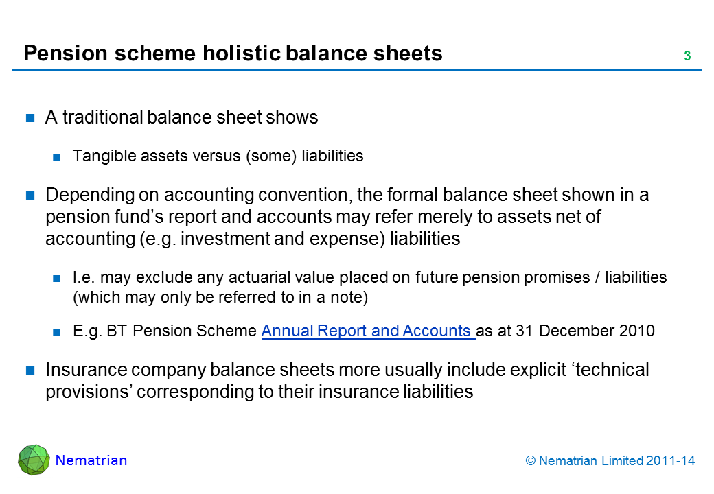 Bullet points include: A traditional balance sheet shows Tangible assets versus (some) liabilities Depending on accounting convention, the formal balance sheet shown in a pension fund’s report and accounts may refer merely to assets net of accounting (e.g. investment and expense) liabilities I.e. may exclude any actuarial value placed on future pension promises / liabilities (which may only be referred to in a note) E.g. BT Pension Scheme Annual Report and Accounts as at 31 December 2010 Insurance company balance sheets more usually include explicit ‘technical provisions’ corresponding to their insurance liabilities