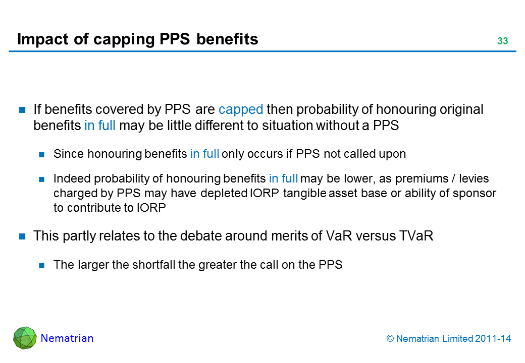 Bullet points include: If benefits covered by PPS are capped then probability of honouring original benefits in full may be little different to situation without a PPS Since honouring benefits in full only occurs if PPS not called upon Indeed probability of honouring benefits in full may be lower, as premiums / levies charged by PPS may have depleted IORP tangible asset base or ability of sponsor to contribute to IORP This partly relates to the debate around merits of VaR versus TVaR The larger the shortfall the greater the call on the PPS