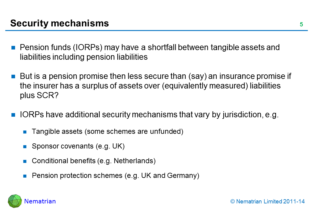 Bullet points include: Pension funds (IORPs) may have a shortfall between tangible assets and liabilities including pension liabilities But is a pension promise then less secure than (say) an insurance promise if the insurer has a surplus of assets over (equivalently measured) liabilities plus SCR? IORPs have additional security mechanisms that vary by jurisdiction, e.g. Tangible assets (some schemes are unfunded) Sponsor covenants (e.g. UK) Conditional benefits (e.g. Netherlands) Pension protection schemes (e.g. UK and Germany)