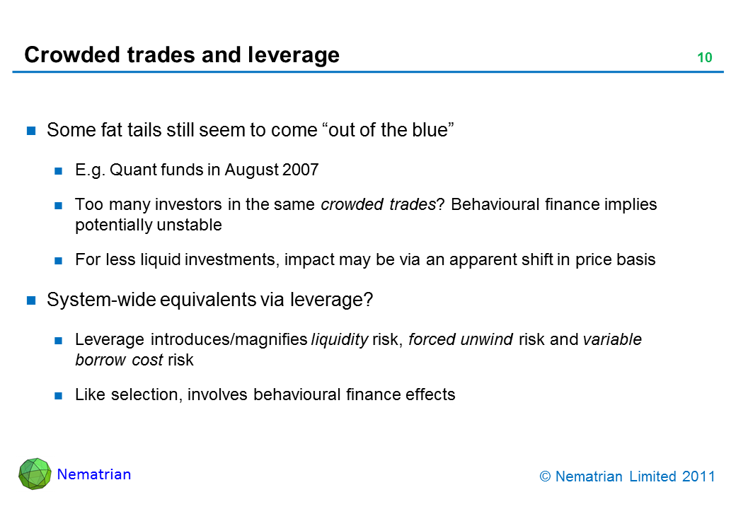 Bullet points include: Some fat tails still seem to come “out of the blue”. E.g. Quant funds in August 2007. Too many investors in the same crowded trades? Behavioural finance implies potentially unstable. For less liquid investments, impact may be via an apparent shift in price basis. System-wide equivalents via leverage? Leverage introduces/magnifies liquidity risk, forced unwind risk and variable borrow cost risk. Like selection, involves behavioural finance effects