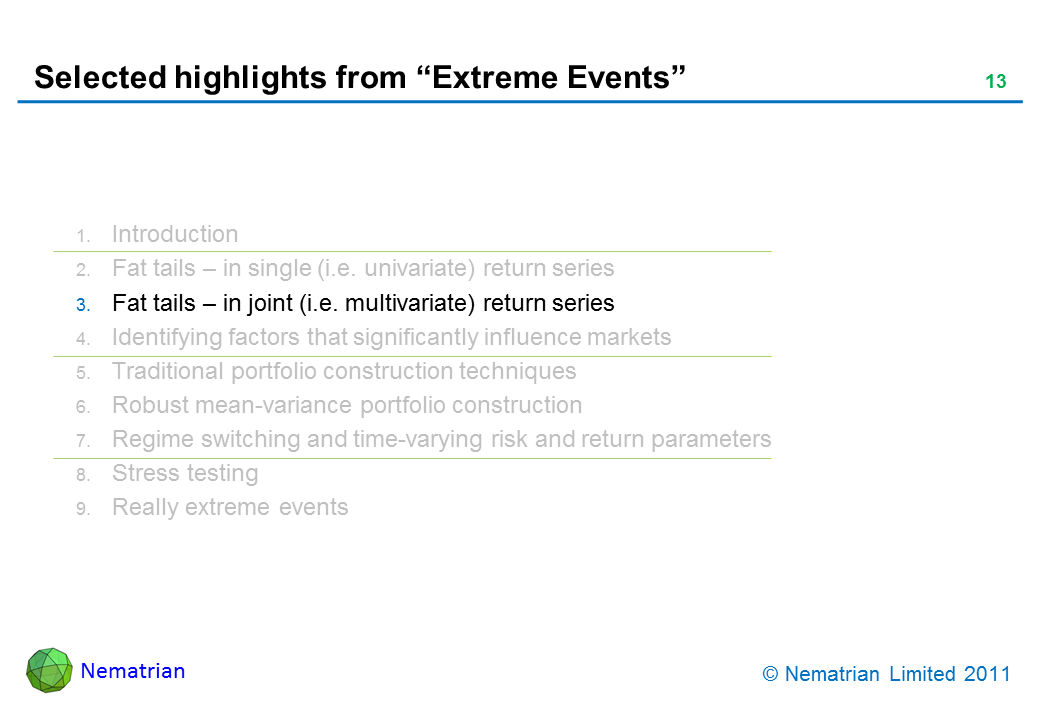 Bullet points include: Fat tails – in joint (i.e. multivariate) return series