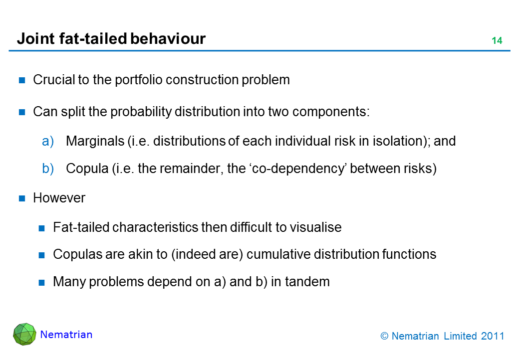 Bullet points include: Crucial to the portfolio construction problem. Can split the probability distribution into two components: Marginals (i.e. distributions of each individual risk in isolation); and Copula (i.e. the remainder, the ‘co-dependency’ between risks). However Fat-tailed characteristics then difficult to visualise Copulas are akin to (indeed are) cumulative distribution functions Many problems depend on a) and b) in tandem