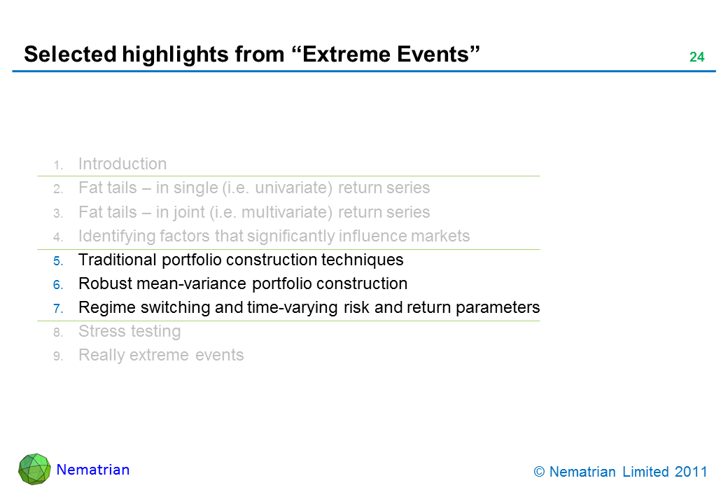 Bullet points include: Traditional portfolio construction techniques. Robust mean-variance portfolio construction. Regime switching and time-varying risk and return parameters.