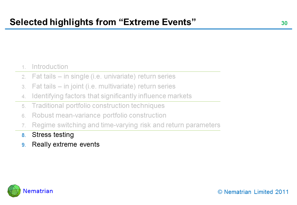 Bullet points include: Stress testing. Really extreme events