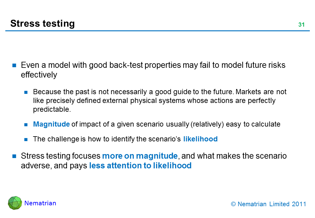 Bullet points include: Even a model with good back-test properties may fail to model future risks effectively. Because the past is not necessarily a good guide to the future. Markets are not like precisely defined external physical systems whose actions are perfectly predictable. Magnitude of impact of a given scenario usually (relatively) easy to calculate. The challenge is how to identify the scenario’s likelihood. Stress testing focuses more on magnitude, and what makes the scenario adverse, and pays less attention to likelihood