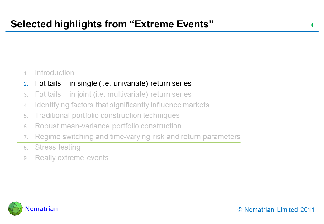 Bullet points include: Fat tails – in single (i.e. univariate) return series