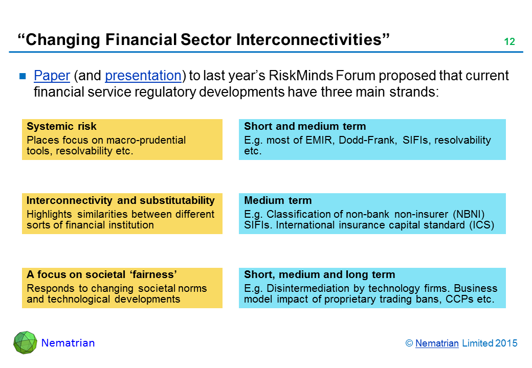 Bullet points include: Paper (and presentation) to last year’s RiskMinds Forum proposed that current financial service regulatory developments have three main strands: Systemic risk. Places focus on macro-prudential tools, resolvability etc. Short and medium term. E.g. most of EMIR, Dodd-Frank, SIFIs, resolvability etc. Interconnectivity and substitutability. Highlights similarities between different sorts of financial institution. Medium term. E.g. Classification of non-bank non-insurer (NBNI) SIFIs. International insurance capital standard (ICS). A focus on societal ‘fairness’. Responds to changing societal norms and technological developments. Short, medium and long term. E.g. Disintermediation by technology firms. Business model impact of proprietary trading bans, CCPs etc.