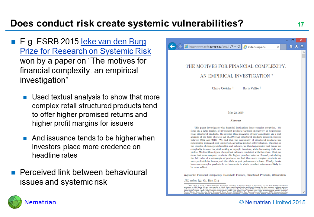 Bullet points include: E.g. ESRB 2015 Ieke van den Burg Prize for Research on Systemic Risk won by a paper on “The motives for financial complexity: an empirical investigation”. Used textual analysis to show that more complex retail structured products tend to offer higher promised returns and higher profit margins for issuers. And issuance tends to be higher when investors place more credence on headline rates. Perceived link between behavioural issues and systemic risk