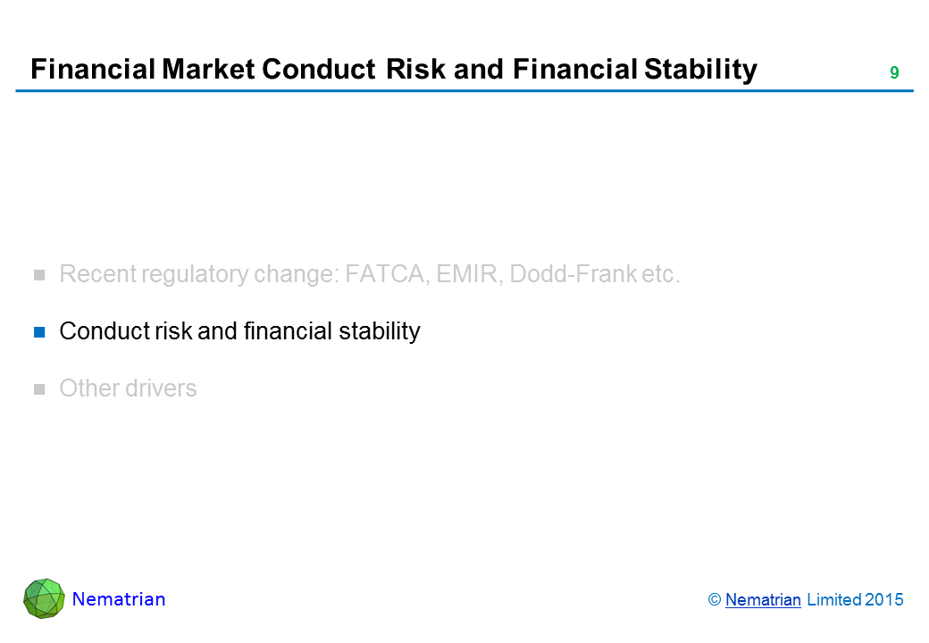 Bullet points include: Conduct risk and financial stability