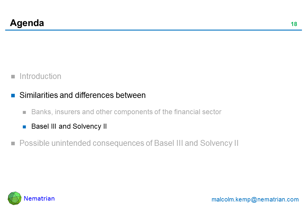 Bullet points include: Similarities and differences between Basel III and Solvency II