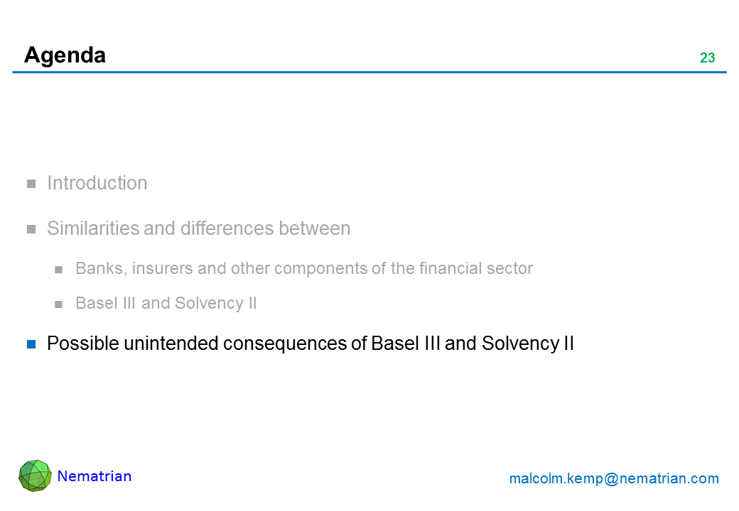 Bullet points include: Possible unintended consequences of Basel III and Solvency II