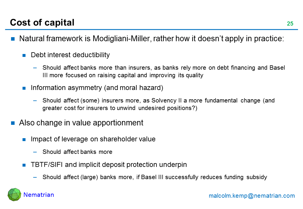 Bullet points include: Natural framework is Modigliani-Miller, rather how it doesn’t apply in practice: Debt interest deductibility. Should affect banks more than insurers, as banks rely more on debt financing and Basel III more focused on raising capital and improving its quality. Information asymmetry (and moral hazard). Should affect (some) insurers more, as Solvency II a more fundamental change (and greater cost for insurers to unwind undesired positions?). Also change in value apportionment. Impact of leverage on shareholder value. Should affect banks more. TBTF/SIFI and implicit deposit protection underpin. Should affect (large) banks more, if Basel III successfully reduces funding subsidy