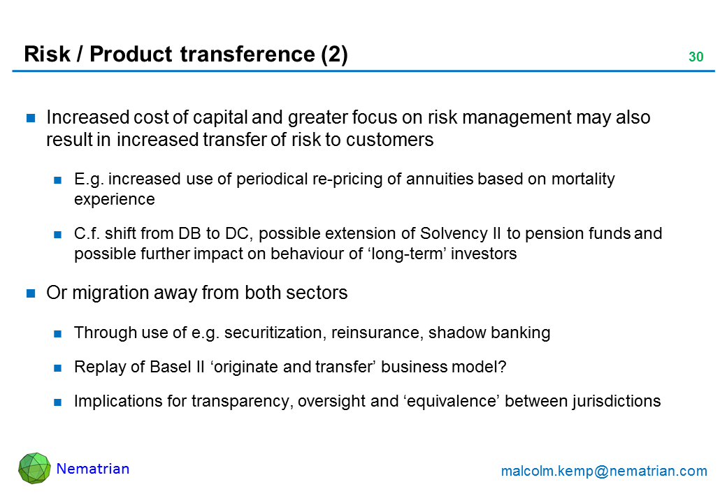 Bullet points include: Increased cost of capital and greater focus on risk management may also result in increased transfer of risk to customers. E.g. increased use of periodical re-pricing of annuities based on mortality experience. C.f. shift from DB to DC, possible extension of Solvency II to pension funds and possible further impact on behaviour of ‘long-term’ investors. Or migration away from both sectors. Through use of e.g. securitization, reinsurance, shadow banking. Replay of Basel II ‘originate and transfer’ business model? Implications for transparency, oversight and ‘equivalence’ between jurisdictions