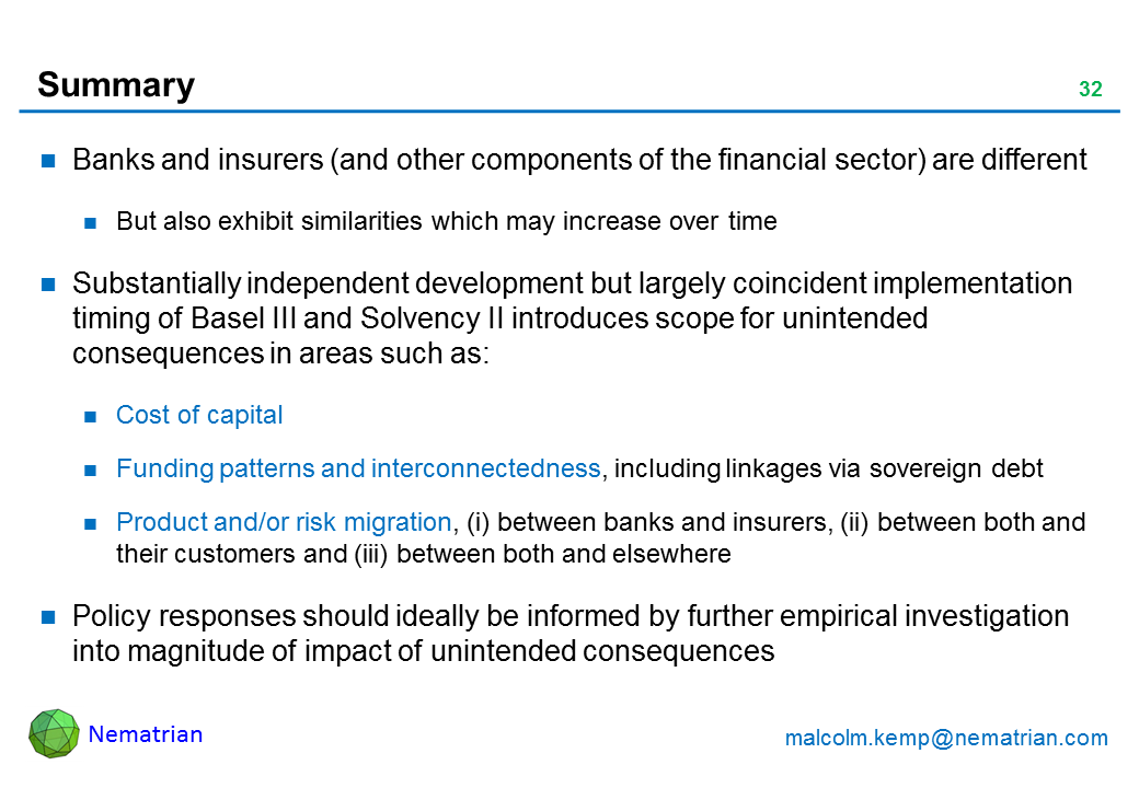 Bullet points include: Banks and insurers (and other components of the financial sector) are different. But also exhibit similarities which may increase over time. Substantially independent development but largely coincident implementation timing of Basel III and Solvency II introduces scope for unintended consequences in areas such as: Cost of capital. Funding patterns and interconnectedness, including linkages via sovereign debt. Product and/or risk migration, (i) between banks and insurers, (ii) between both and their customers and (iii) between both and elsewhere. Policy responses should ideally be informed by further empirical investigation into magnitude of impact of unintended consequences