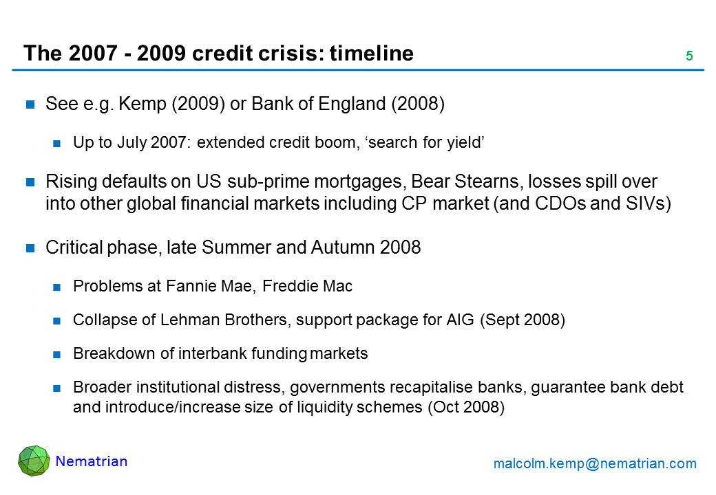 Bullet points include: See e.g. Kemp (2009) or Bank of England (2008). Up to July 2007: extended credit boom, ‘search for yield’. Rising defaults on US sub-prime mortgages, Bear Stearns, losses spill over into other global financial markets including CP market (and CDOs and SIVs). Critical phase, late Summer and Autumn 2008. Problems at Fannie Mae, Freddie Mac. Collapse of Lehman Brothers, support package for AIG (Sept 2008). Breakdown of interbank funding markets. Broader institutional distress, governments recapitalise banks, guarantee bank debt and introduce/increase size of liquidity schemes (Oct 2008)