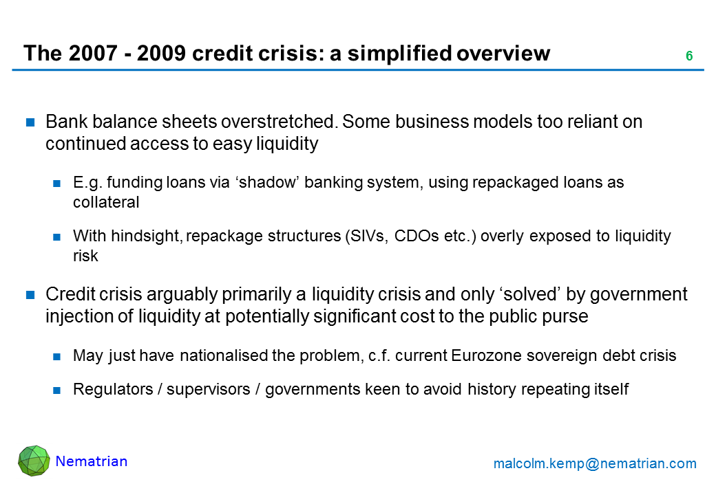 Bullet points include: Bank balance sheets overstretched. Some business models too reliant on continued access to easy liquidity. E.g. funding loans via ‘shadow’ banking system, using repackaged loans as collateral. With hindsight, repackage structures (SIVs, CDOs etc.) overly exposed to liquidity risk. Credit crisis arguably primarily a liquidity crisis and only ‘solved’ by government injection of liquidity at potentially significant cost to the public purse. May just have nationalised the problem, c.f. current Eurozone sovereign debt crisis. Regulators / supervisors / governments keen to avoid history repeating itself