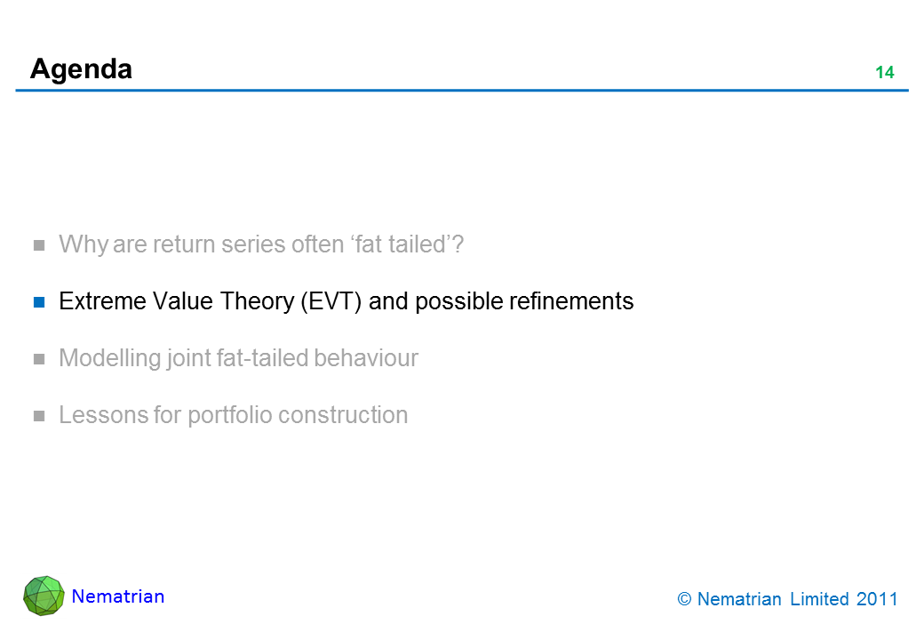 Bullet points include: Extreme Value Theory (EVT) and possible refinements