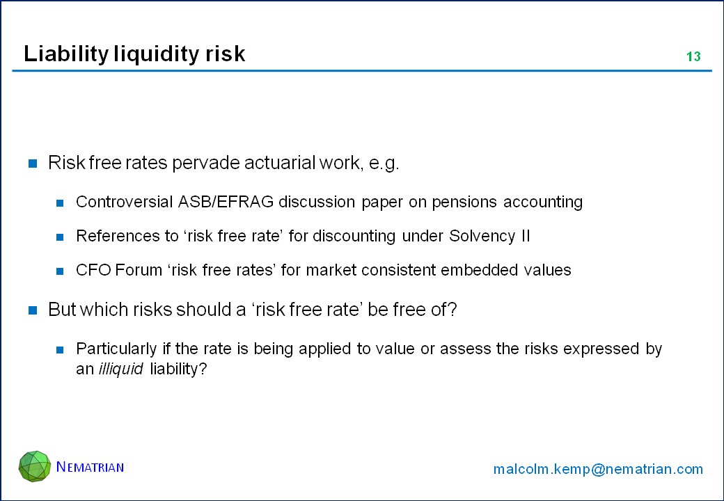 Bullet points include: Risk free rates pervade actuarial work, e.g. Controversial ASB/EFRAG discussion paper on pensions accounting,  References to ‘risk free rate’ for discounting under Solvency II, CFO Forum ‘risk free rates’ for market consistent embedded values. But which risks should a ‘risk free rate’ be free of? Particularly if the rate is being applied to value or assess the risks expressed by an illiquid liability?