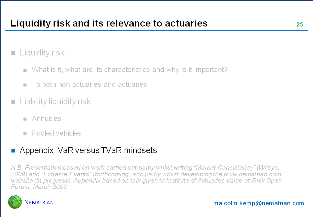 Bullet points include: Appendix: VaR versus TVaR mindsets