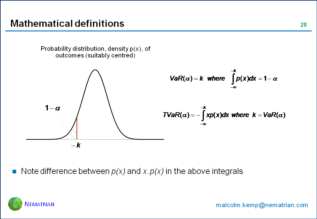 Bullet points include: Probability distribution, density p(x), of outcomes (suitably centred). Note difference between p(x) and x.p(x) in the above integrals