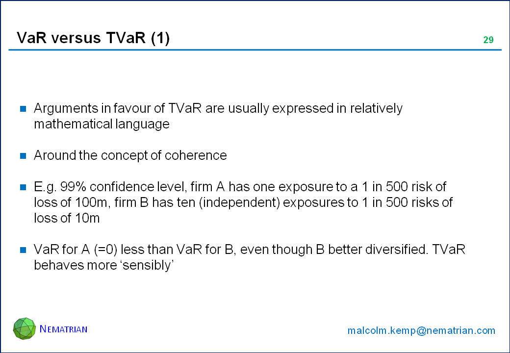 Bullet points include: Arguments in favour of TVaR are usually expressed in relatively mathematical language. Around the concept of coherence. E.g. 99% confidence level, firm A has one exposure to a 1 in 500 risk of loss of 100m, firm B has ten (independent) exposures to 1 in 500 risks of loss of 10m. VaR for A (=0) less than VaR for B, even though B better diversified. TVaR behaves more ‘sensibly’.