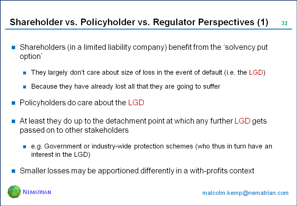 Bullet points include: Shareholders (in a limited liability company) benefit from the ‘solvency put option’. They largely don’t care about size of loss in the event of default (i.e. the LGD). Because they have already lost all that they are going to suffer. Policyholders do care about the LGD. At least they do up to the detachment point at which any further LGD gets passed on to other stakeholders. e.g. Government or industry-wide protection schemes (who thus in turn have an interest in the LGD). Smaller losses may be apportioned differently in a with-profits context
