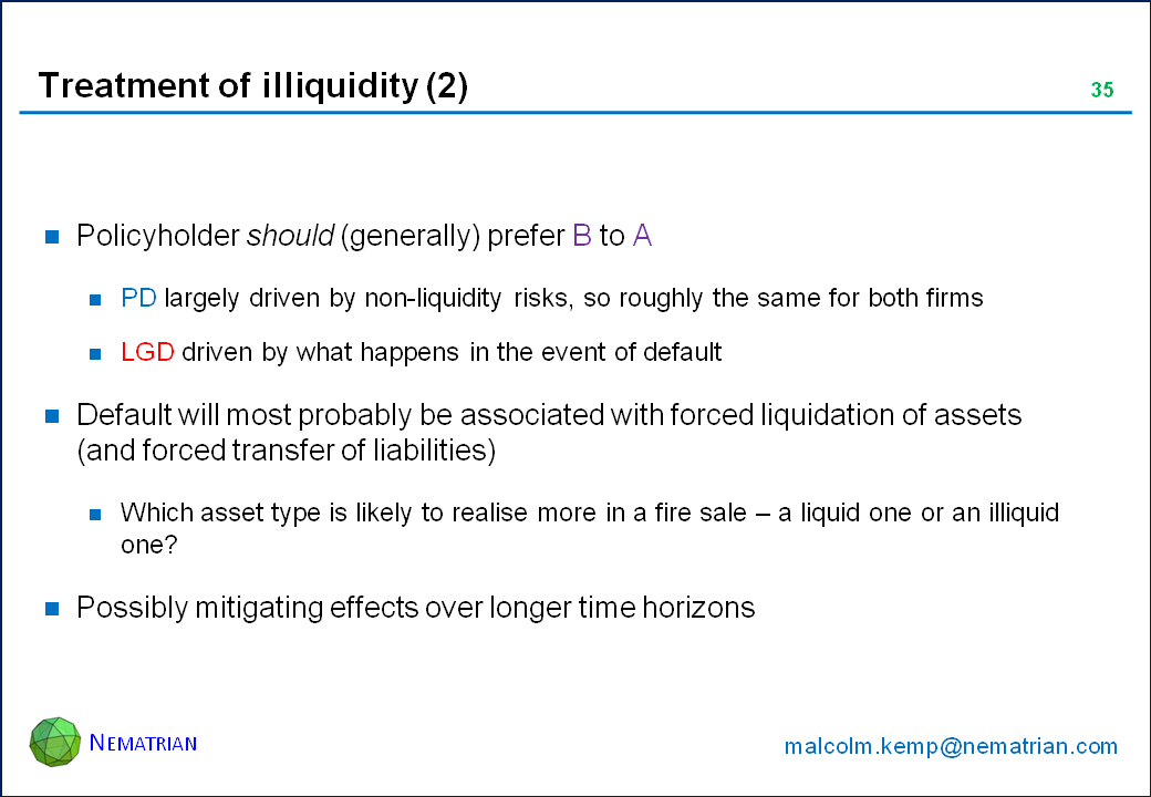 Bullet points include: Policyholder should (generally) prefer B to A. PD largely driven by non-liquidity risks, so roughly the same for both firms. LGD driven by what happens in the event of default. Default will most probably be associated with forced liquidation of assets (and forced transfer of liabilities). Which asset type is likely to realise more in a fire sale – a liquid one or an illiquid one? Possibly mitigating effects over longer time horizons