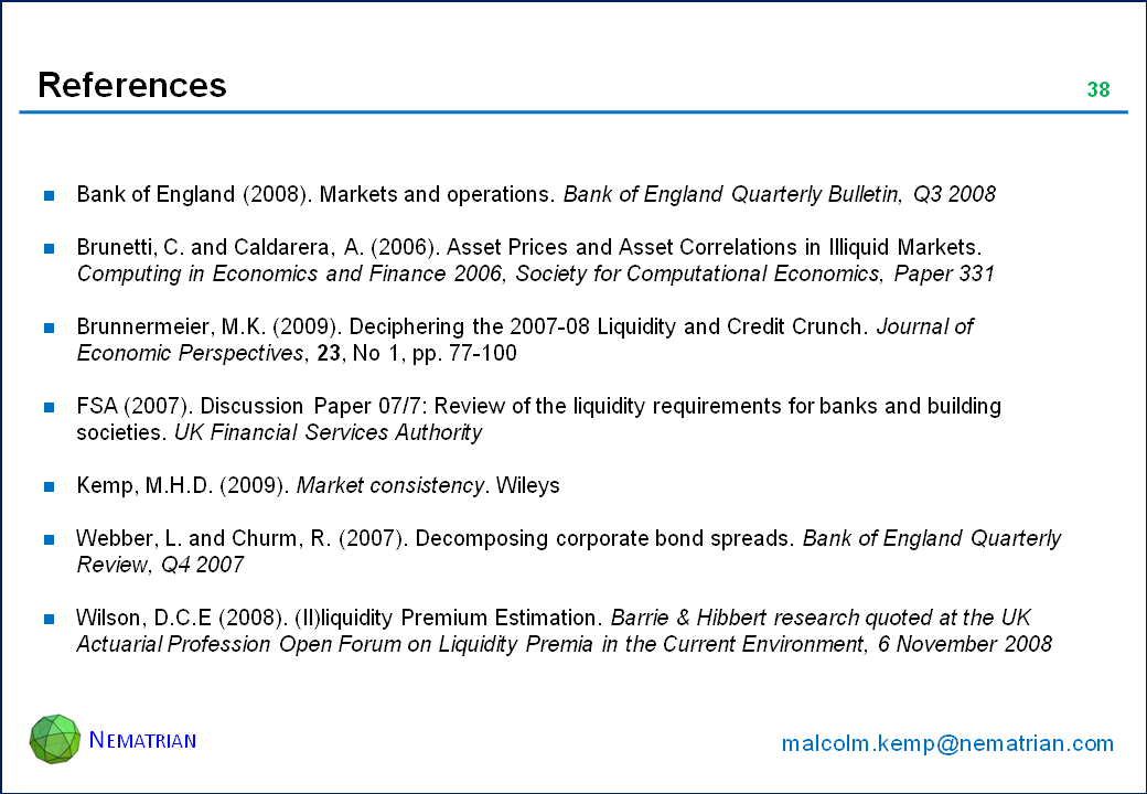 Bullet points include: Bank of England (2008). Markets and operations. Bank of England Quarterly Bulletin, Q3 2008. Brunetti, C. and Caldarera, A. (2006). Asset Prices and Asset Correlations in Illiquid Markets. Computing in Economics and Finance 2006, Society for Computational Economics, Paper 331. Brunnermeier, M.K. (2009). Deciphering the 2007-08 Liquidity and Credit Crunch. Journal of Economic Perspectives, 23, No 1, pp. 77-100. FSA (2007). Discussion Paper 07/7: Review of the liquidity requirements for banks and building societies. UK Financial Services Authority. Kemp, M.H.D. (2009). Market consistency. Wileys. Webber, L. and Churm, R. (2007). Decomposing corporate bond spreads. Bank of England Quarterly Review, Q4 2007. Wilson, D.C.E (2008). (Il)liquidity Premium Estimation. Barrie & Hibbert research quoted at the UK Actuarial Profession Open Forum on Liquidity Premia in the Current Environment, 6 November 2008