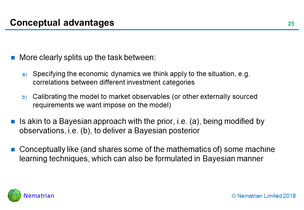 Bullet points include: More clearly splits up the task between: Specifying the economic dynamics we think apply to the situation, e.g. correlations between different investment categories. Calibrating the model to market observables (or other externally sourced requirements we want impose on the model). Is akin to a Bayesian approach with the prior, i.e. (a), being modified by observations, i.e. (b), to deliver a Bayesian posterior. Conceptually like (and shares some of the mathematics of) some machine learning techniques, which can also be formulated in Bayesian manner