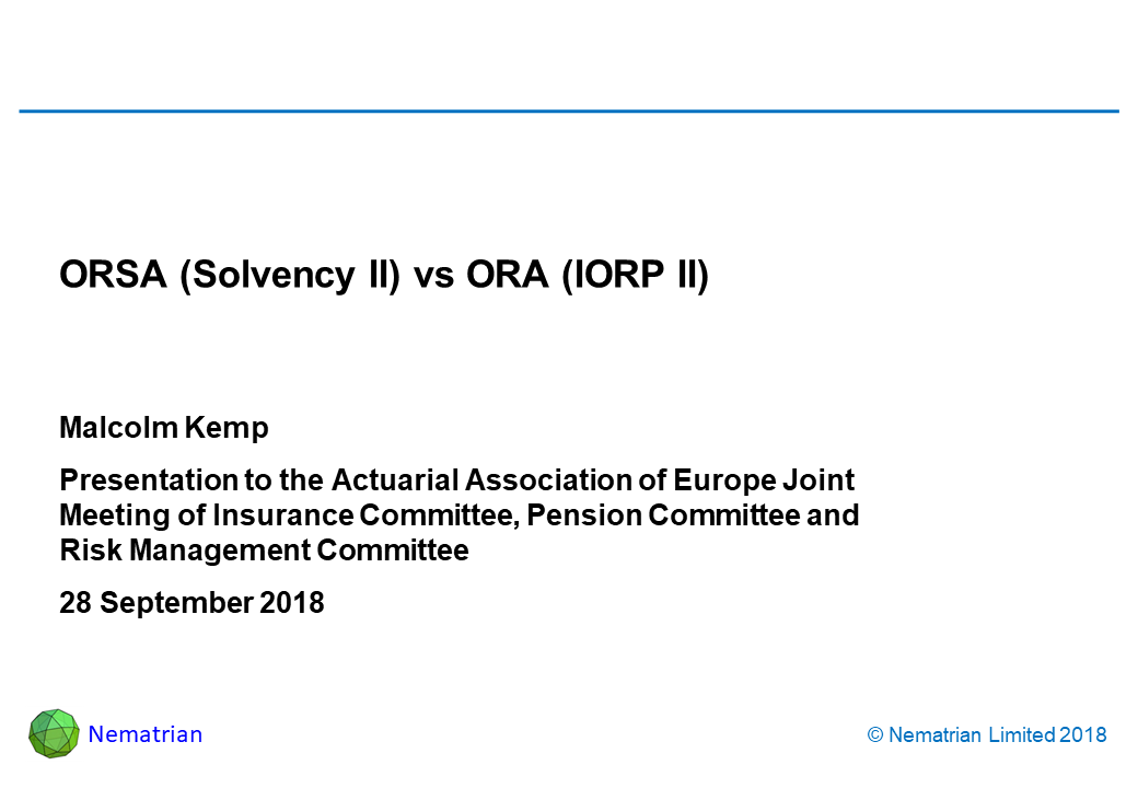 Bullet points include: Malcolm Kemp, Presentation to the Actuarial Association of Europe Joint Meeting of Insurance Committee, Pension Committee and Risk Management, 28 September 2018 Committee