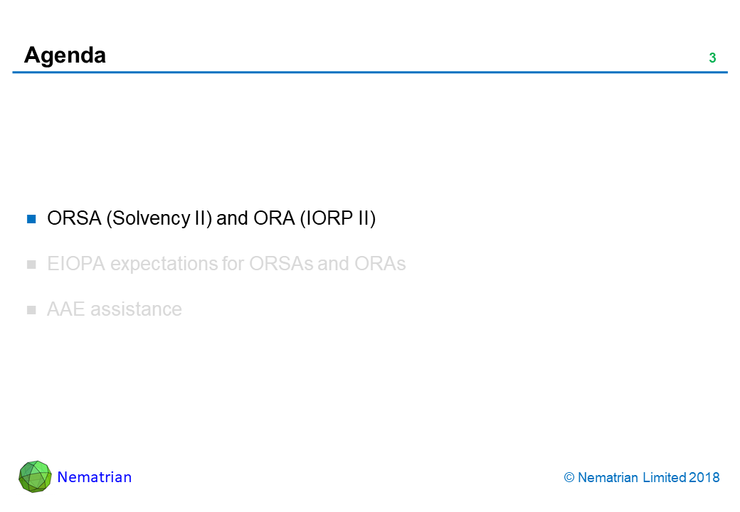Bullet points include: ORSA (Solvency II) and ORA (IORP II)
