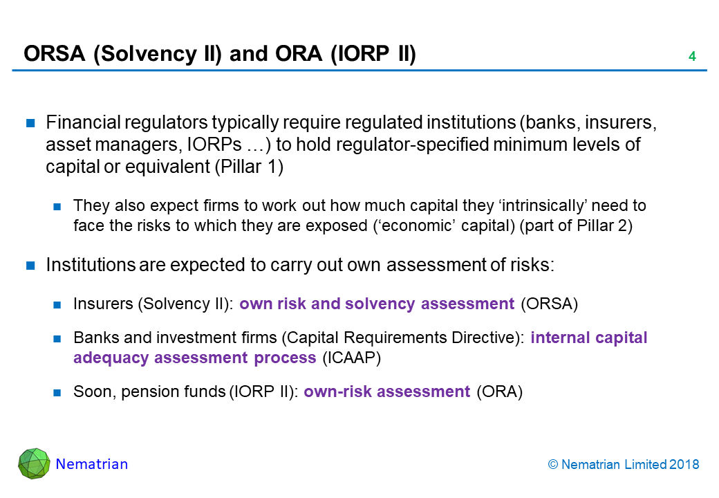 Bullet points include: Financial regulators typically require regulated institutions (banks, insurers, asset managers, IORPs …) to hold regulator-specified minimum levels of capital or equivalent (Pillar 1), They also expect firms to work out how much capital they ‘intrinsically’ need to face the risks to which they are exposed (‘economic’ capital) (part of Pillar 2), Institutions are expected to carry out own assessment of risks: Insurers (Solvency II): own risk and solvency assessment (ORSA), Banks and investment firms (Capital Requirements Directive): internal capital adequacy assessment process (ICAAP), Soon, pension funds (IORP II): own-risk assessment (ORA)