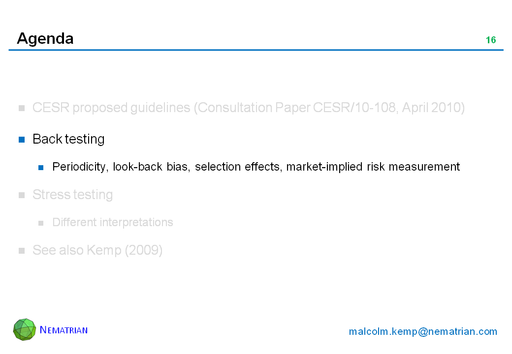 Bullet points include: Back testing. Periodicity, look-back bias, selection effects, market-implied risk measuremen