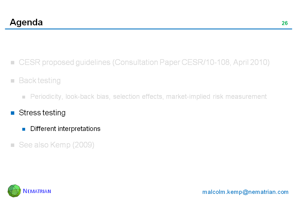 Bullet points include: Stress testing. Different interpretations.